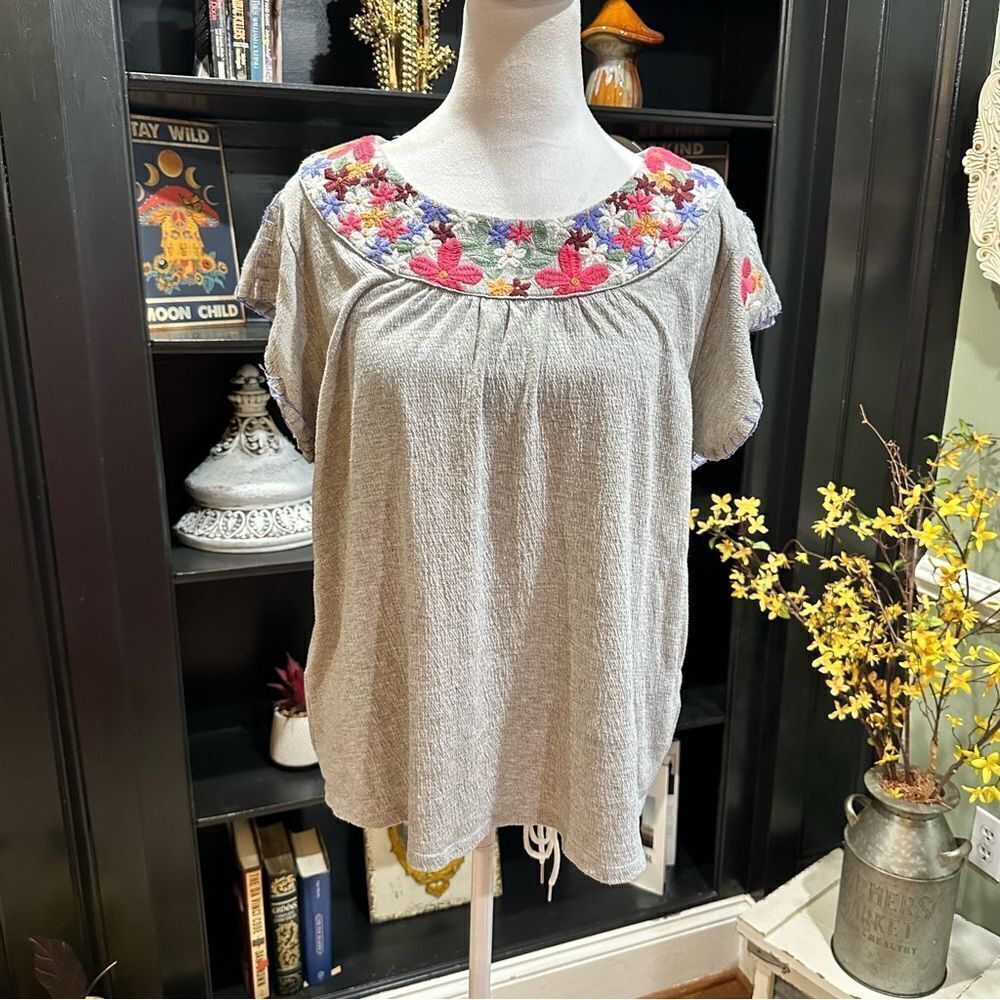 THML Cream Short-Sleeve Blouse with Colorful Floral Embroidery